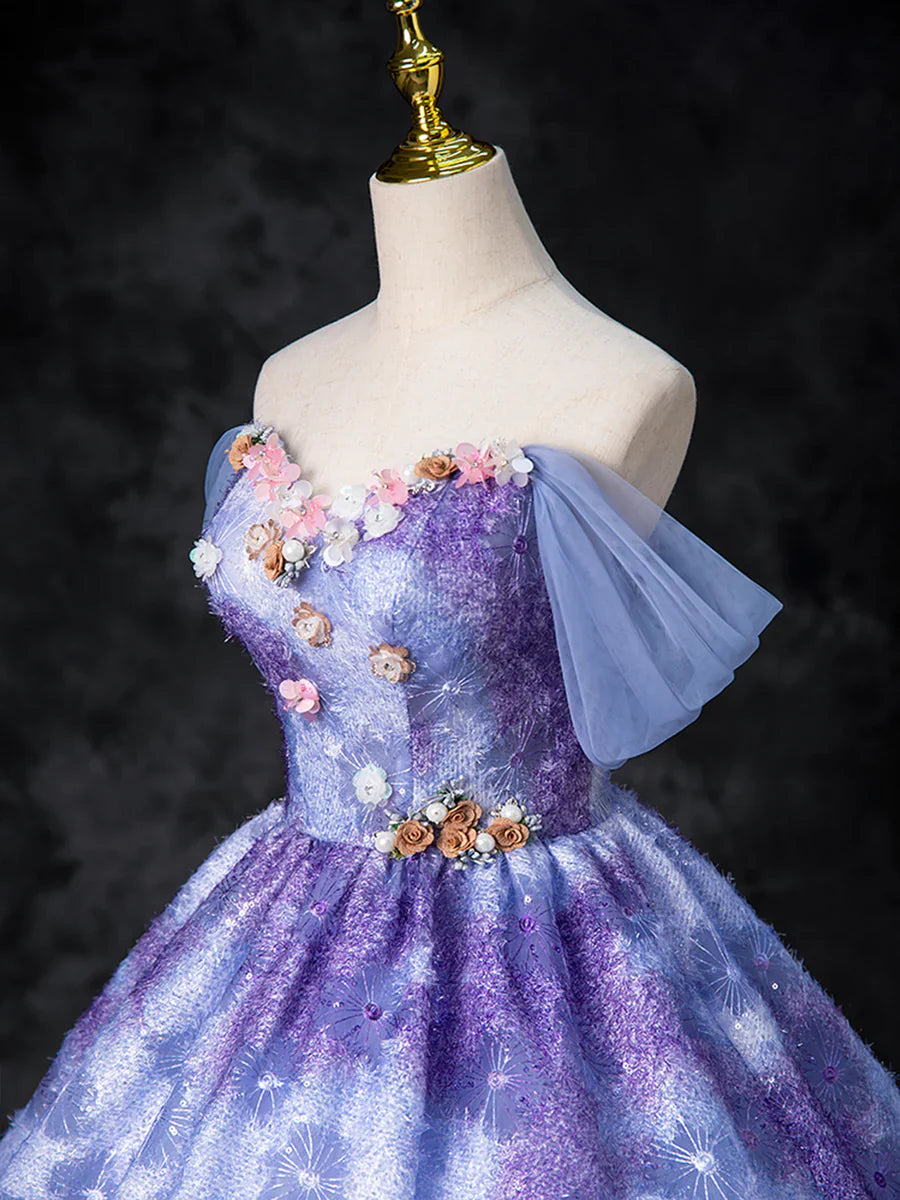 Dreamy Colorful Flowers Purple/blue Prom Dress, Fairy Off the Shoulder A-Line Princess Party Gown TP169