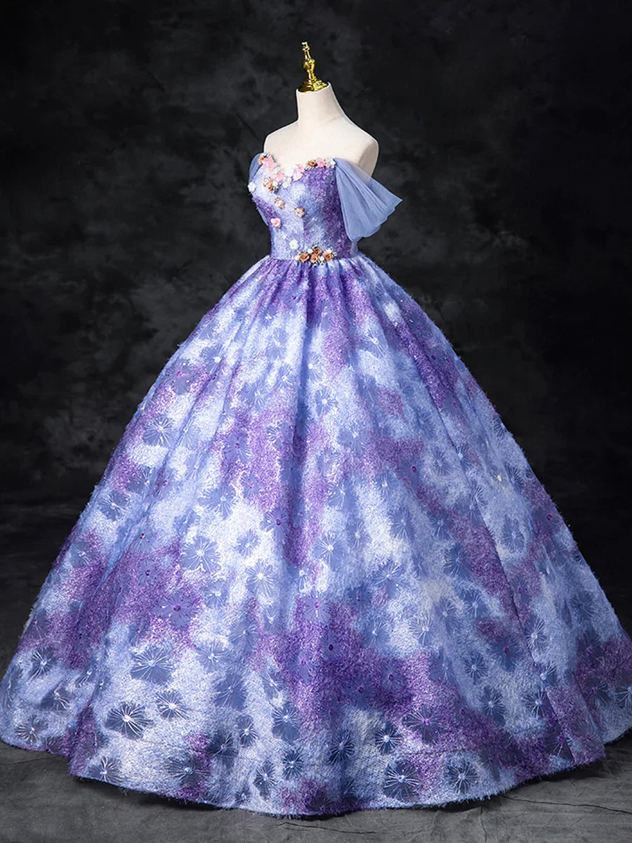 Dreamy Colorful Flowers Purple/blue Prom Dress, Fairy Off the Shoulder A-Line Princess Party Gown TP169