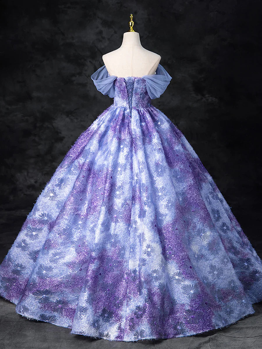 Dreamy Colorful Flowers Purple/blue Prom Dress, Fairy Off the Shoulder A-Line Princess Party Gown TP169