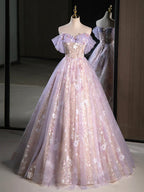 Purple A-Line Off the Shoulder Sequins Prom Dress, Lovely Tulle Corset Floor Length Evening Dress  TP277