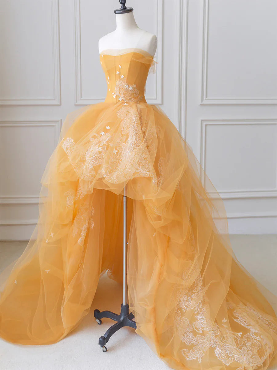 Orange Tulle Lace Long High Low Prom Dress, A-Line Strapless Evening Dress TP416