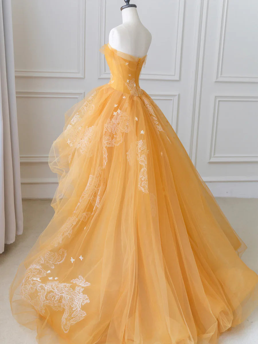 Orange Tulle Lace Long High Low Prom Dress, A-Line Strapless Evening Dress TP416