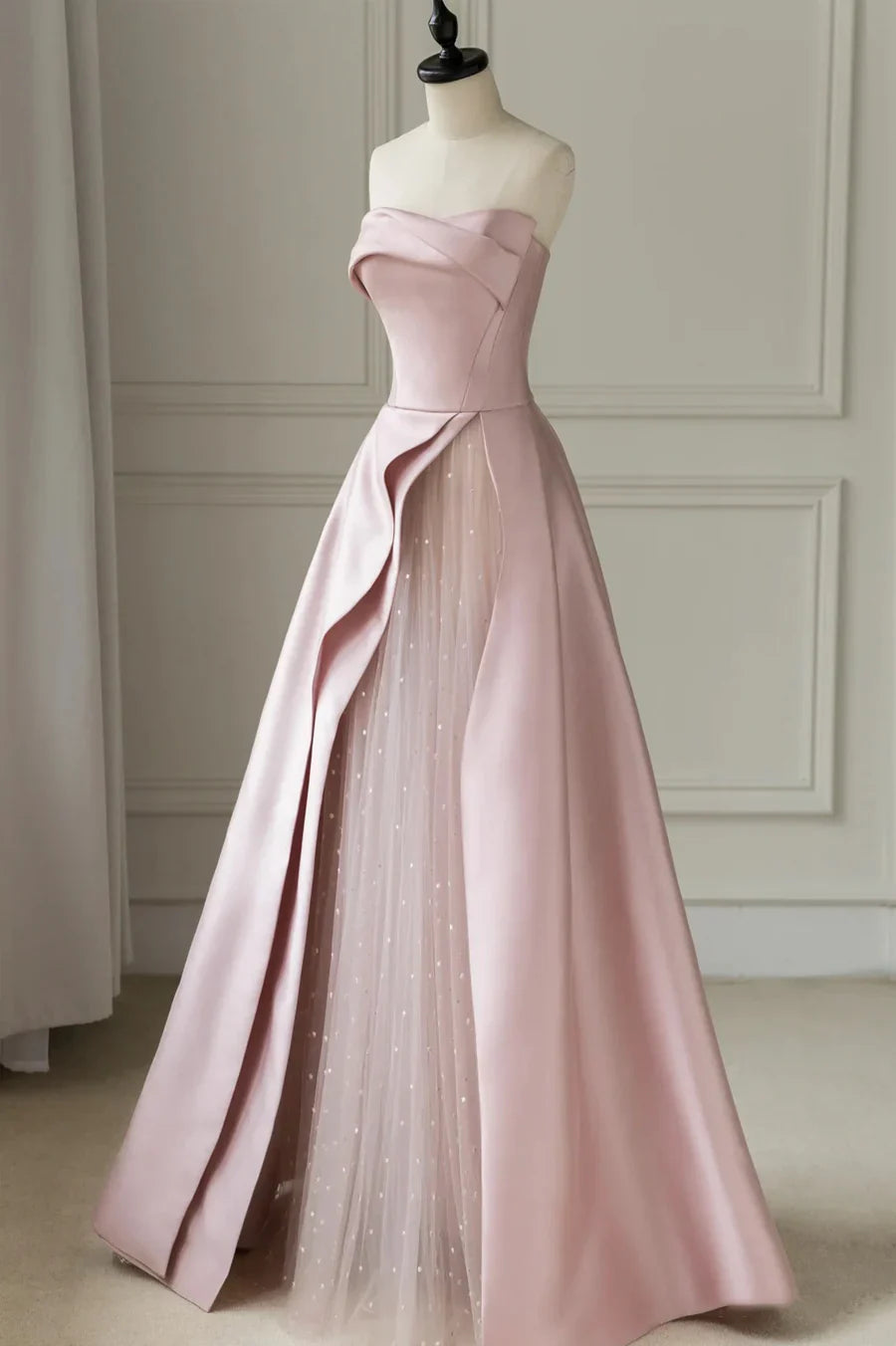 Pink Strapless Satin Floor Length Prom Dress, A-Line Formal Evening Dress TP559