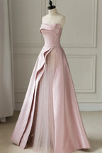 Pink Strapless Satin Floor Length Prom Dress, A-Line Formal Evening Dress TP559