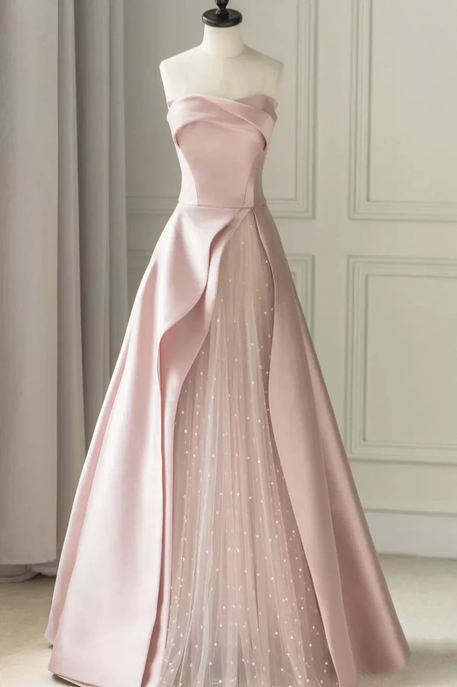 Pink Strapless Satin Floor Length Prom Dress, A-Line Formal Evening Dress TP559
