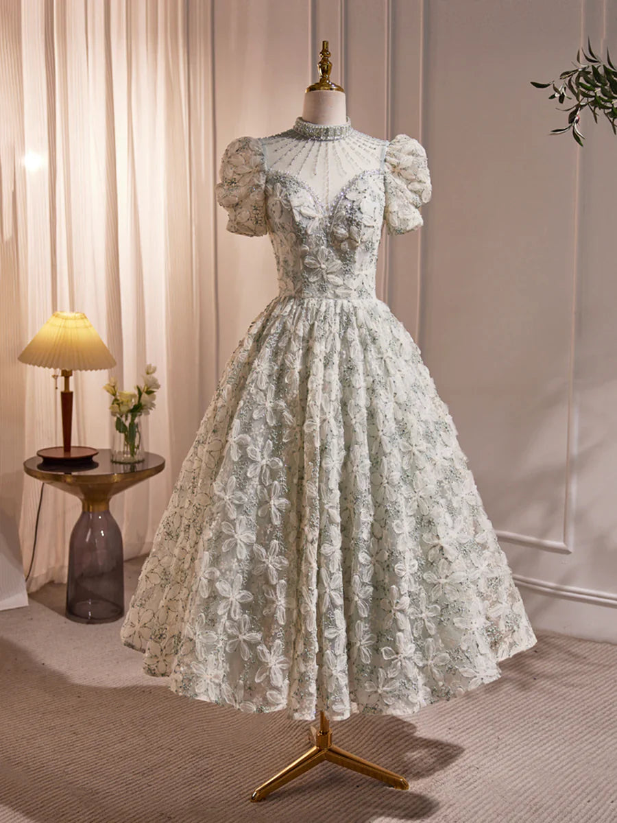 Beautiful Beading Pearl Sequins Green Prom Dresses, High Neckline Tea Length Sage Green Party Dress TP836