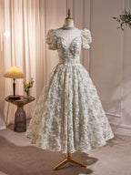 Beautiful Beading Pearl Sequins Green Prom Dresses, High Neckline Tea Length Sage Green Party Dress TP836