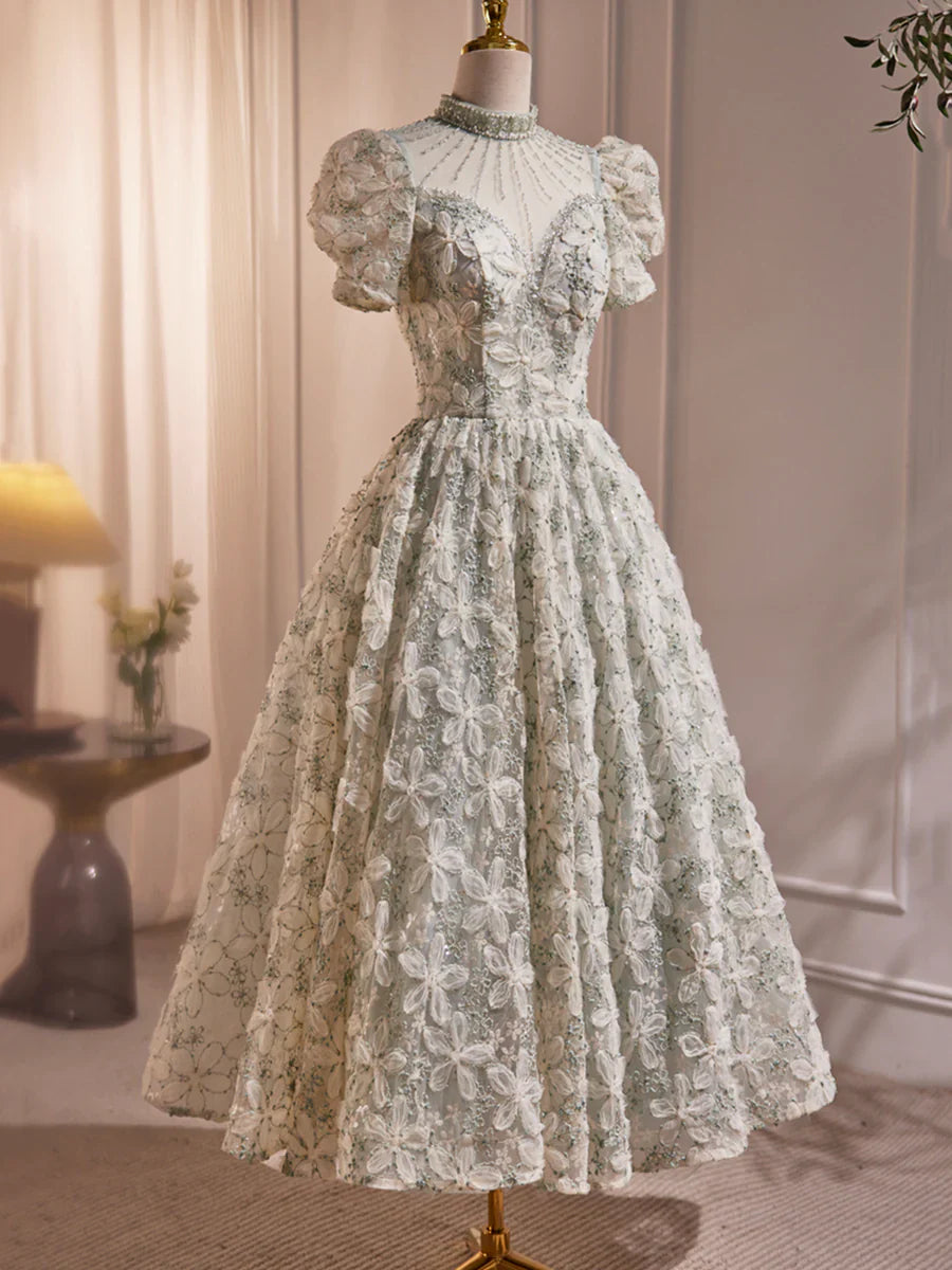 Beautiful Beading Pearl Sequins Green Prom Dresses, High Neckline Tea Length Sage Green Party Dress TP836