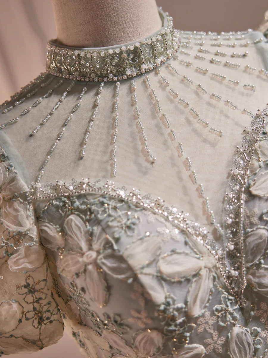 Beautiful Beading Pearl Sequins Green Prom Dresses, High Neckline Tea Length Sage Green Party Dress TP836