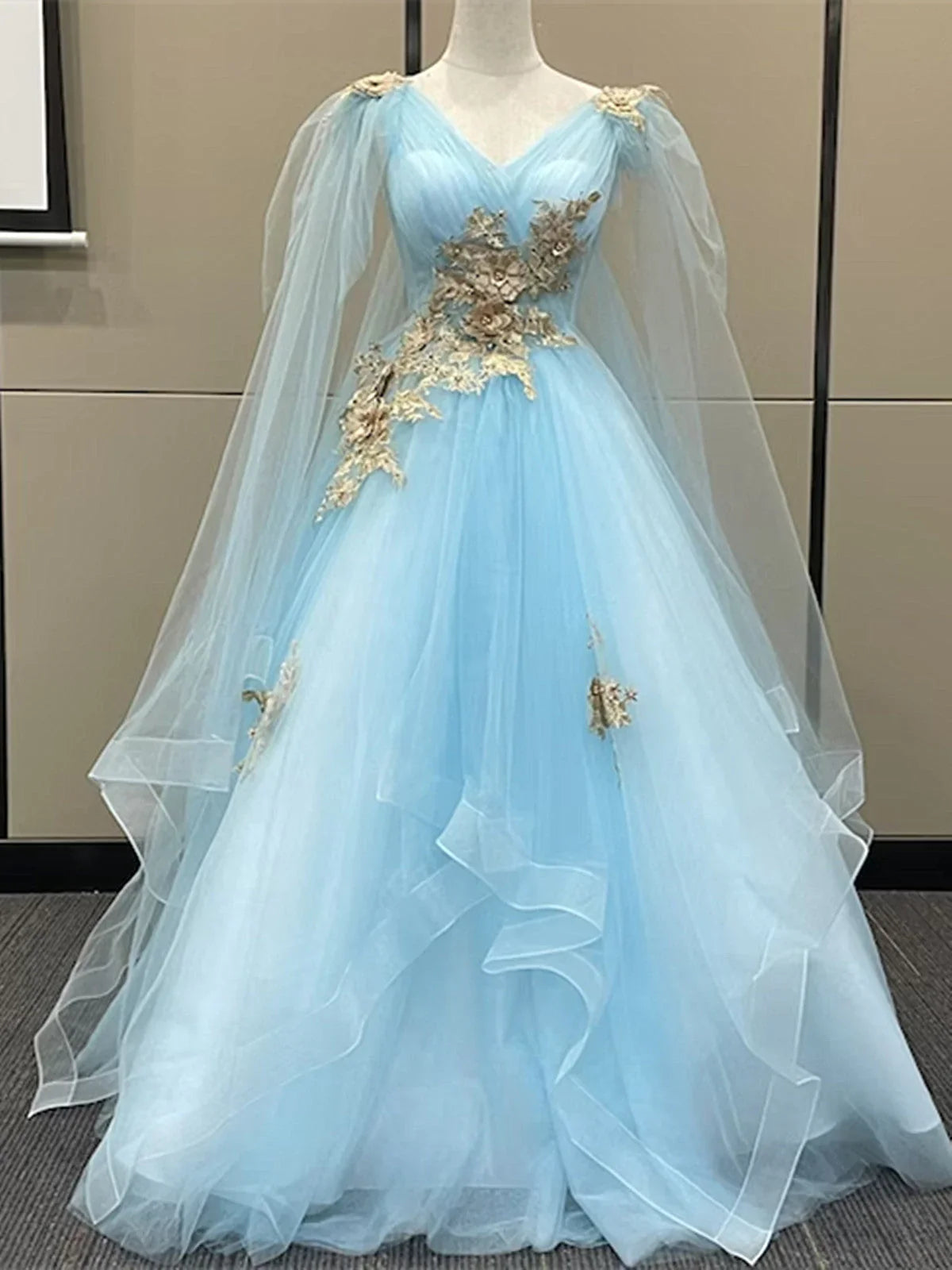 Light Blue Tulle with Gold Lace Applique Party Dress, Light Blue Prom Dress TP985