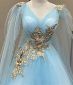 Light Blue Tulle with Gold Lace Applique Party Dress, Light Blue Prom Dress TP985
