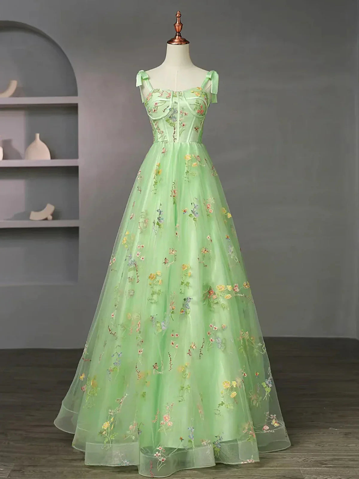 Light Green Tulle Floral Straps Long Formal Dress, Light Green Prom Dress TP987