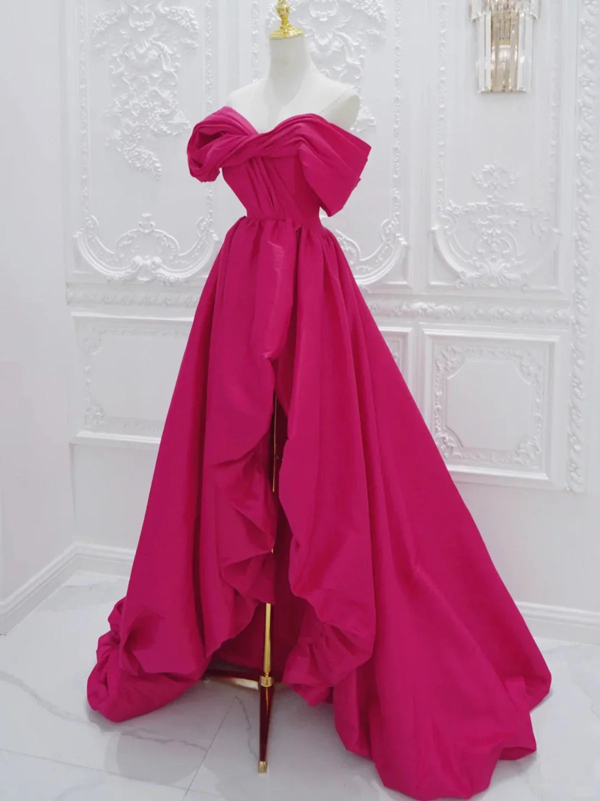 Fuchsia High Low Off Shoulder Party Dress, High Low Prom Dress Formal Dress TP990