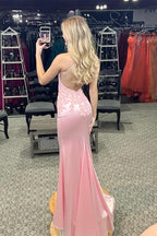 Unique Straps Pink Appliques Mermaid Formal Dress