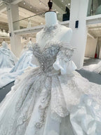 Gorgeous Beading Ruffled Tulle Off-Shoulder Wedding Dress Sparkling Fairytale Wedding Gown TP5073