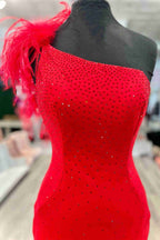 Beaded One-Shoulder Hot Pink Leg Slit Long Formal Dress with Feathers