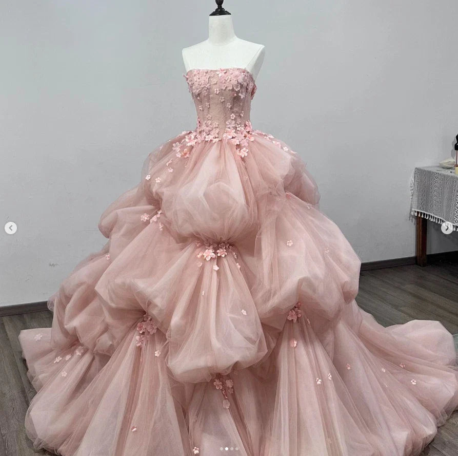 Pink Ruffle Quinceanera Dress 3D Floral Sweet Sleeveless 15 16 Party Ball Gown Prom Dress