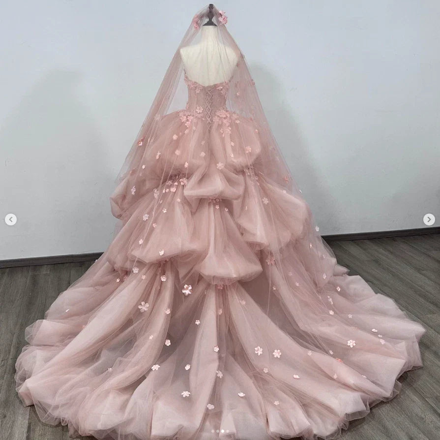 Pink Ruffle Quinceanera Dress 3D Floral Sweet Sleeveless 15 16 Party Ball Gown Prom Dress