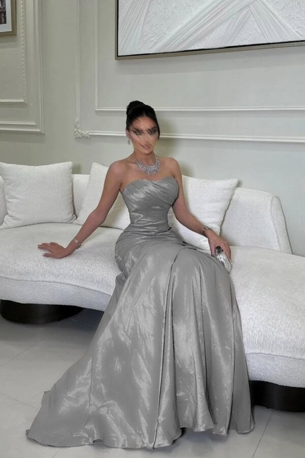 Fancy Silver Mermaid Prom Dress Satin Strapless Maxi Gown Long