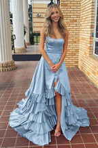 Strapless A Line Lace-Up Ruffled Tiered Prom Dress with Slit