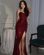 Sparkle Sequin Prom Dresses with Slit Burgundy Gala Dress