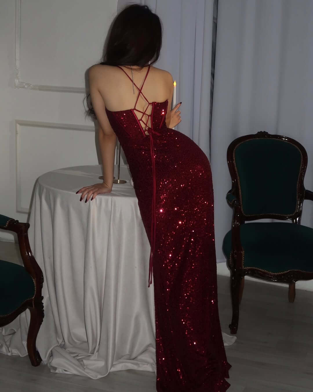 Sparkle Sequin Prom Dresses with Slit Burgundy Gala Dress
