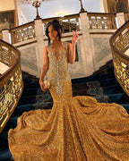 Sparkly Gold Mermaid Prom Dress Long Train Crystal Wedding Party Gown