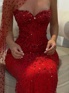 Sparkly Red Prom Dresses Long Full Crystal Formal Outfit with Scarf