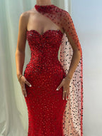 Sparkly Red Prom Dresses Long Full Crystal Formal Outfit with Scarf
