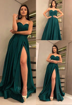 Sweetheart Hunter Green Prom Dresses with High Thigh Slit