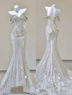 White Fashion Gorgeous Unique Beaded Mermaid Long Off-shoulder Sequined Short Sleeve Wedding Dress Bridal Gown gh4303
