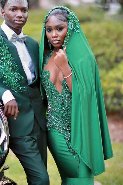 Gorgeous Dark Green Prom Dress Glittering Beaded Evening Gown Mermaid Party Dress Long Formal Dress TP4865