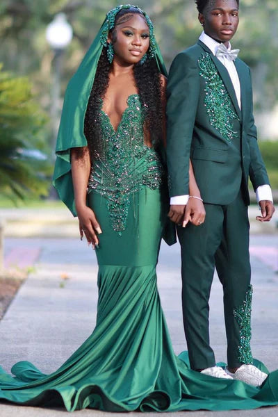 Gorgeous Dark Green Prom Dress Glittering Beaded Evening Gown Mermaid Party Dress Long Formal Dress TP4865