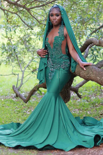 Gorgeous Dark Green Prom Dress Glittering Beaded Evening Gown Mermaid Party Dress Long Formal Dress TP4865