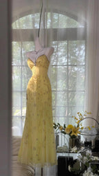 Unique Yellow Prom Dresses Long Beaded Open Back Prom Outfit