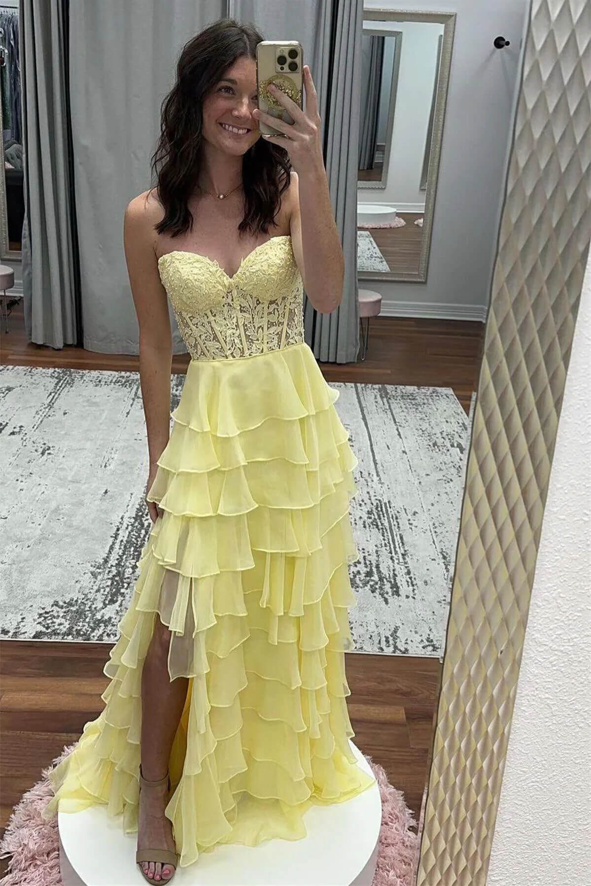 Fancy Yellow Prom Dress Tiered Chiffon Ball Dresses Long